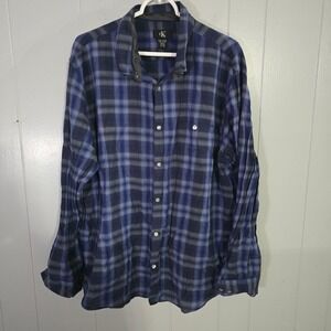 Calvin Klein Plaid Button Down Shirt Mens XXL Blue Grey Cotton Long Sleeve